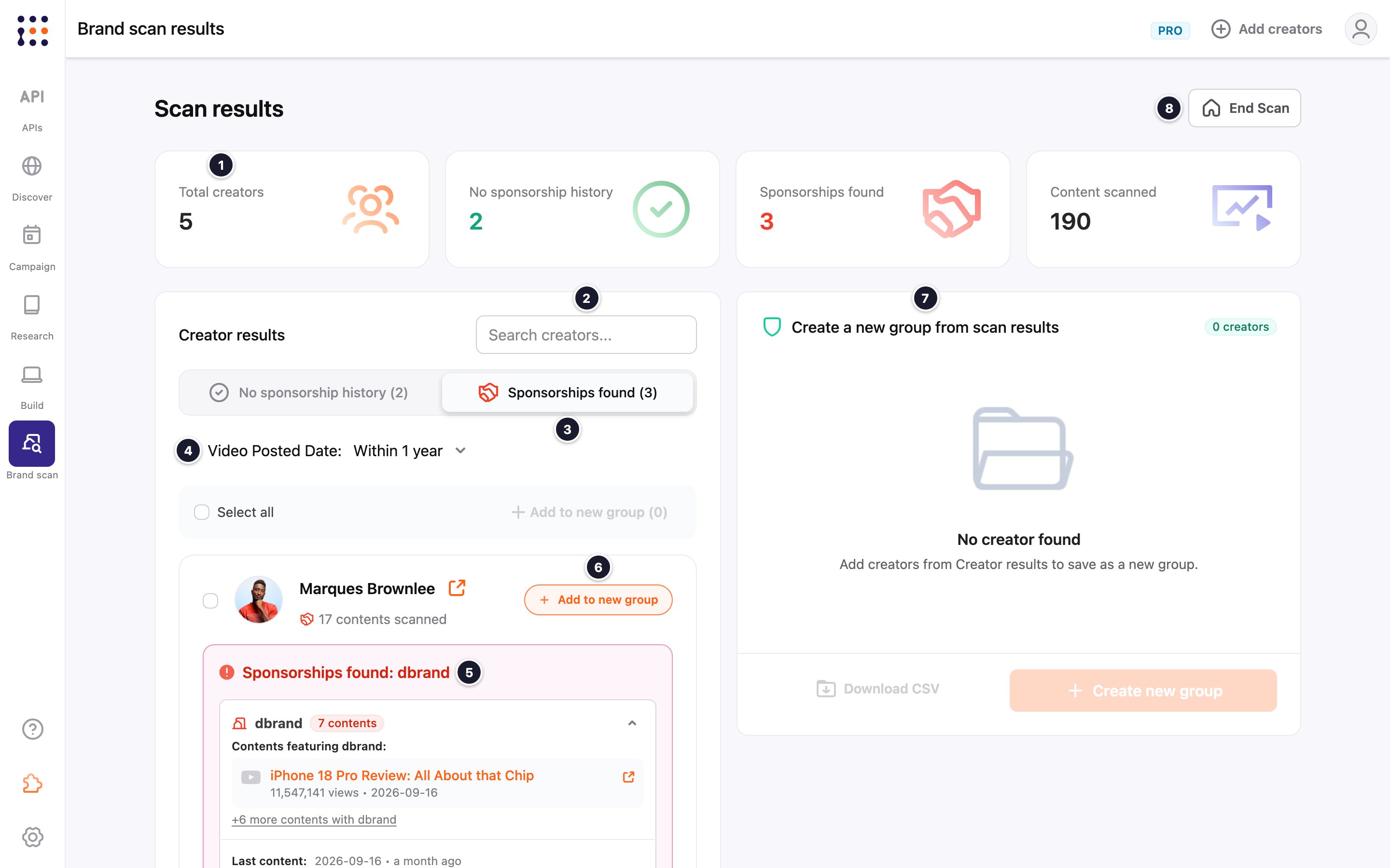 Brand scan results on the Sponsorships found tab with numbered callouts