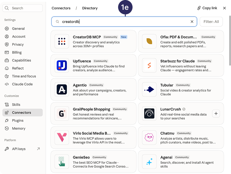 Search for CreatorDB MCP connector