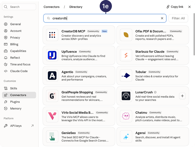 Search for CreatorDB MCP connector