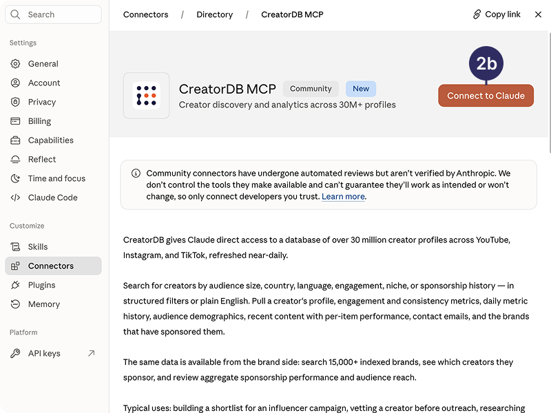 Connect CreatorDB MCP to Claude
