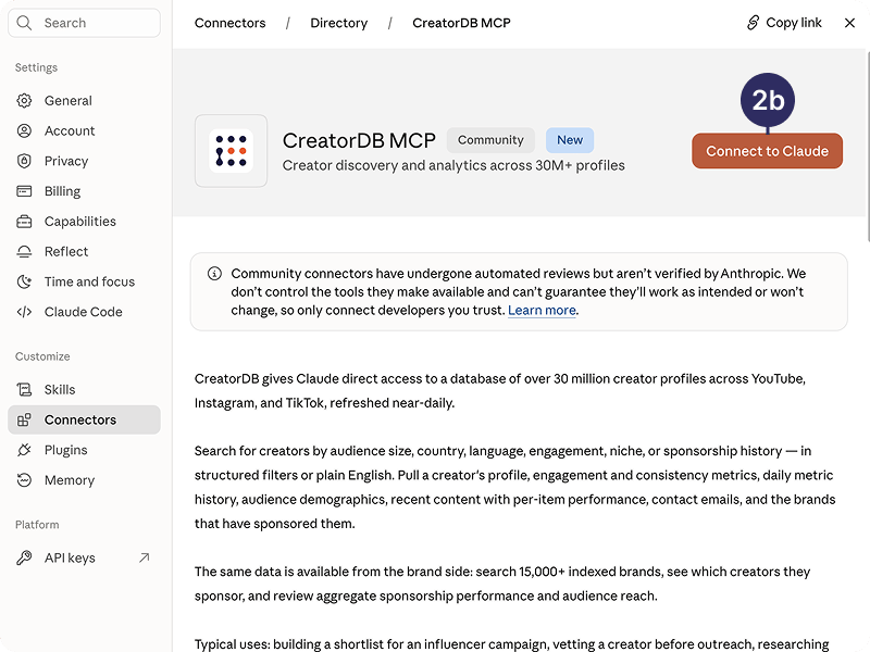 Connect CreatorDB MCP to Claude