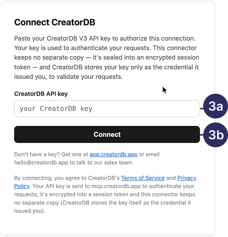 Authorize CreatorDB MCP with API key