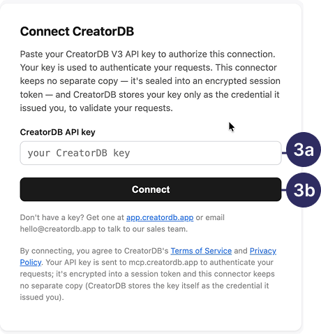 Authorize CreatorDB MCP with API key