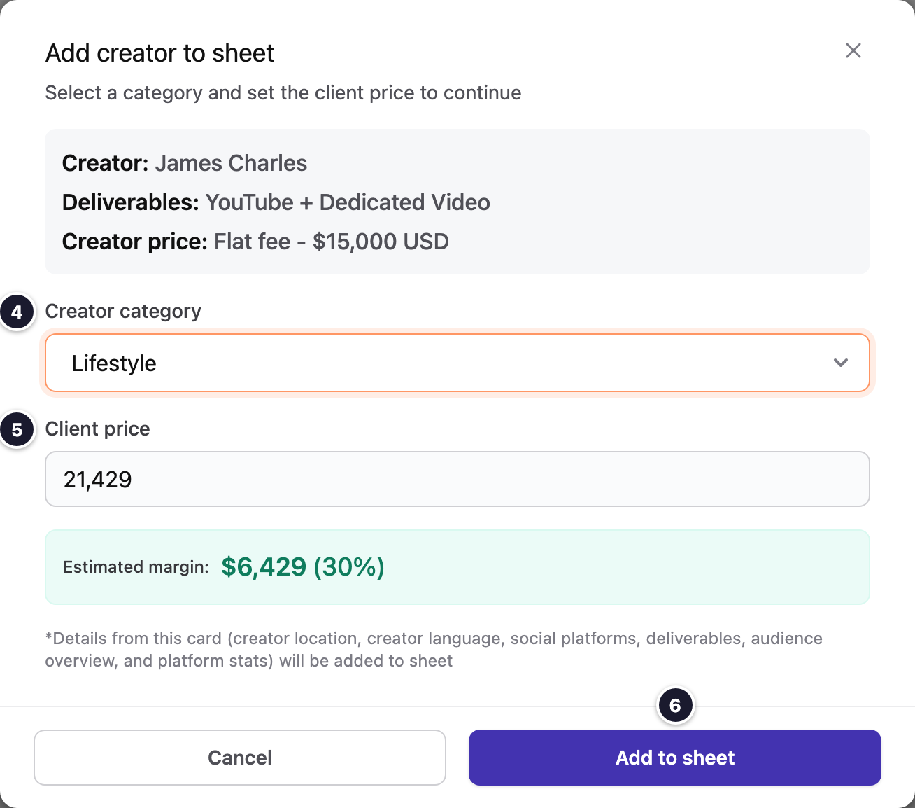 Add creator to sheet window