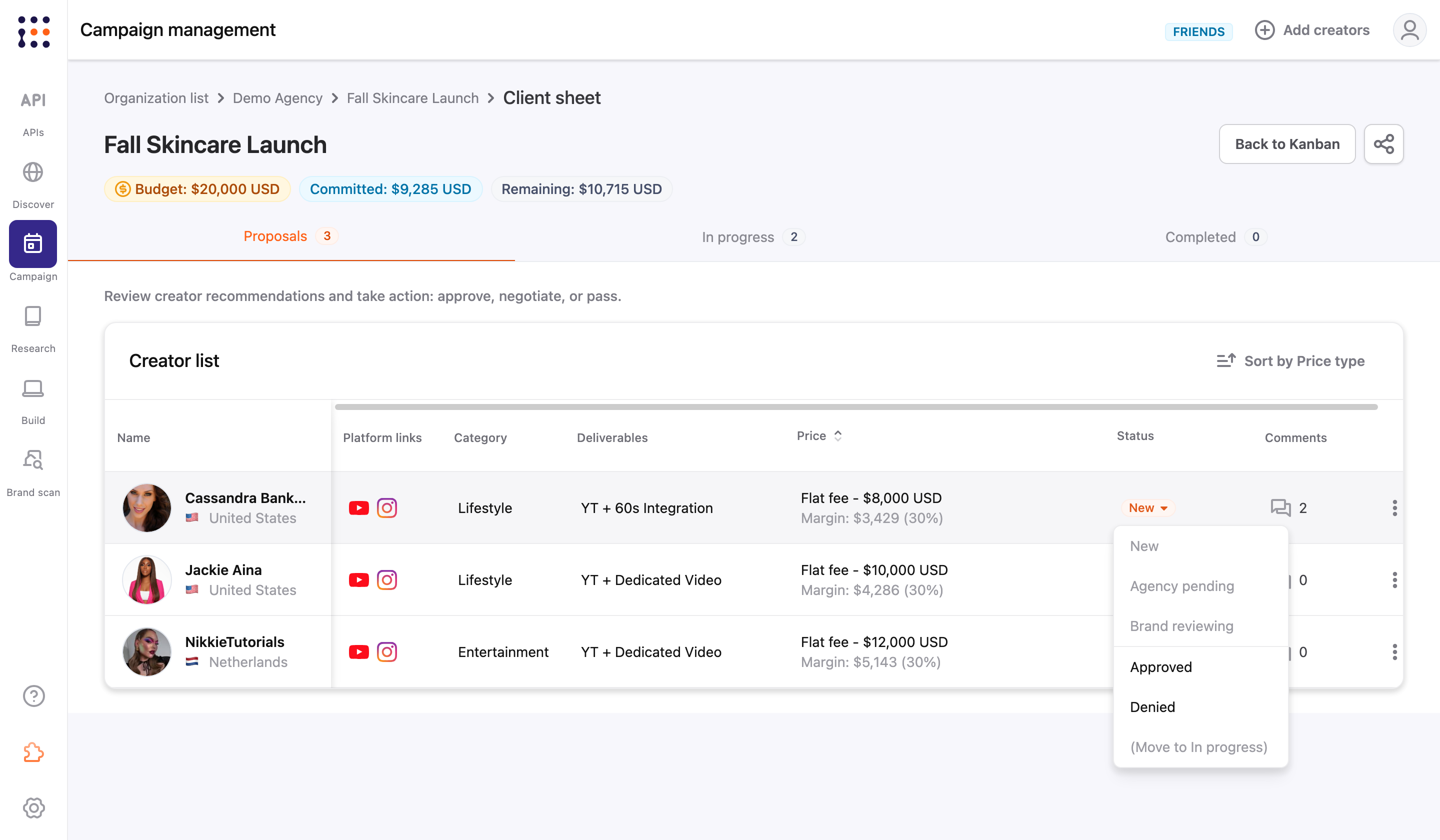 Status menu on the Proposals tab
