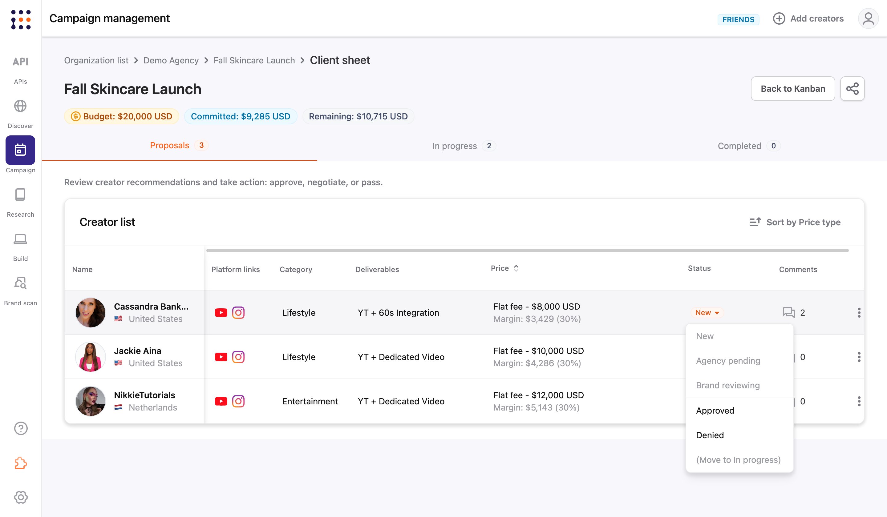 Status menu on the Proposals tab