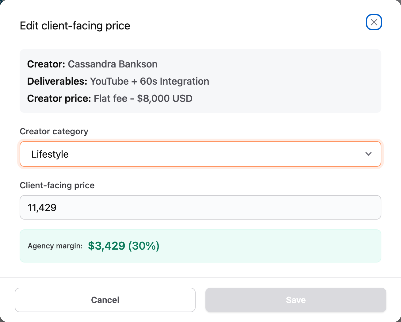 Edit client-facing price window