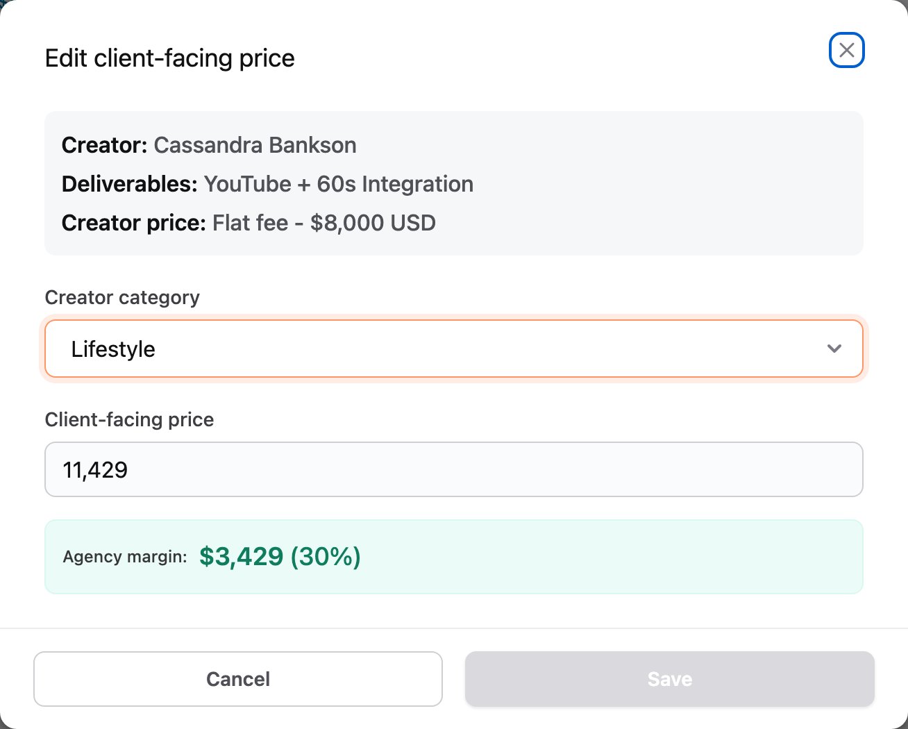 Edit client-facing price window