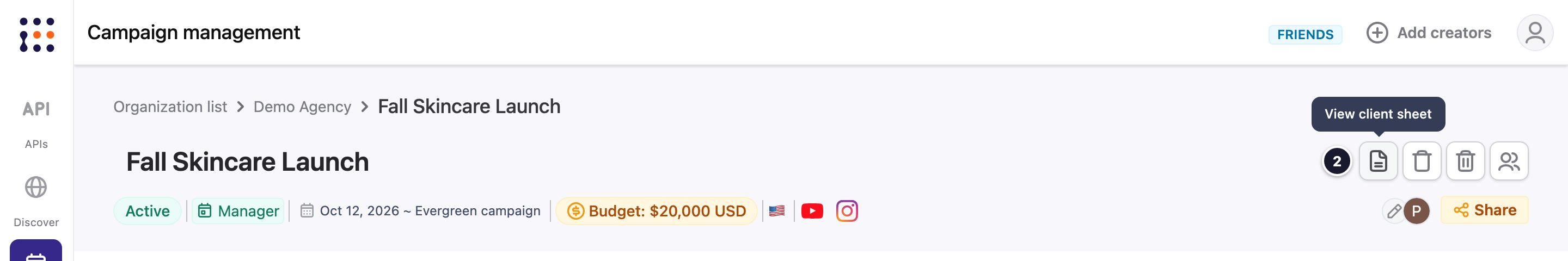 The View client sheet icon at the top of a campaign