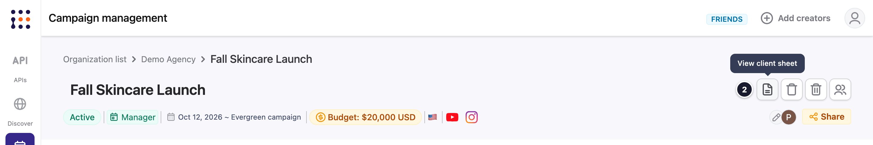 The View client sheet icon at the top of a campaign