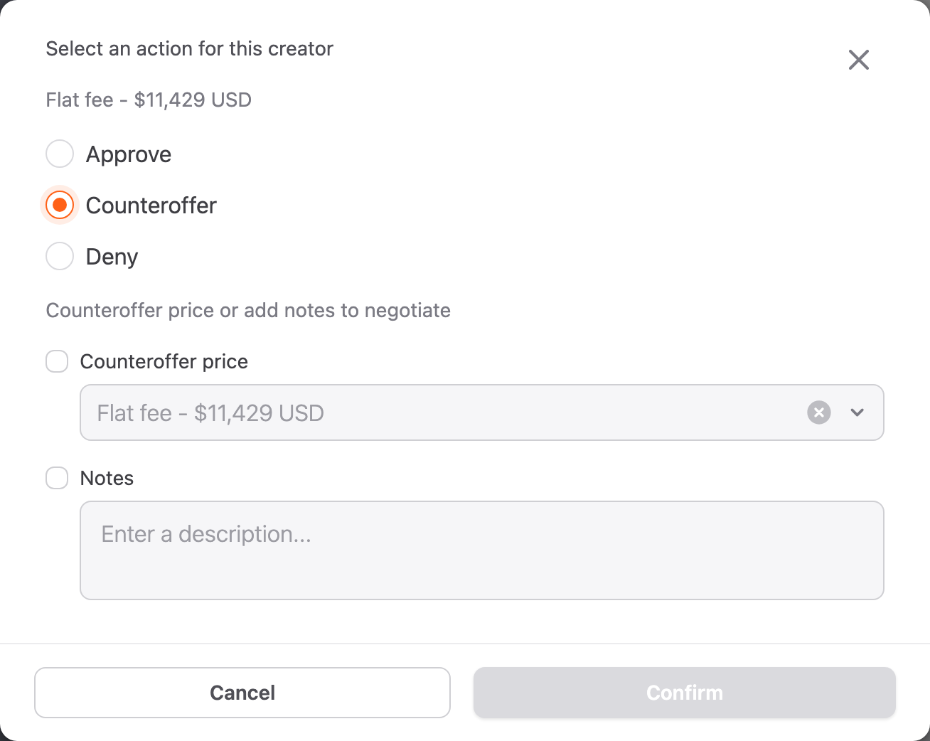 Review creator window with Counteroffer selected