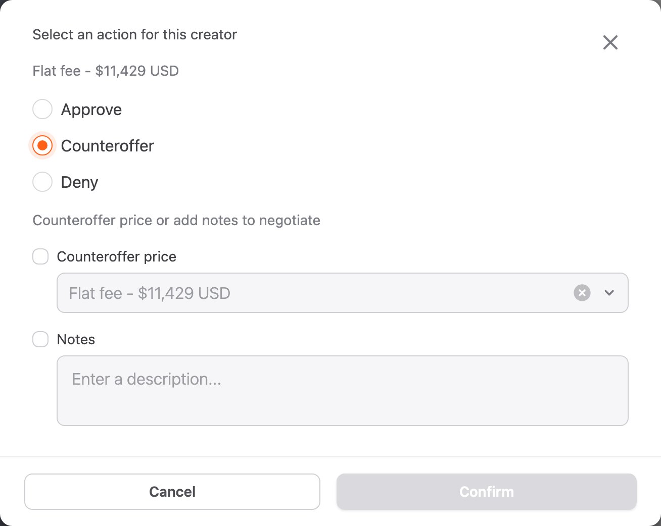 Review creator window with Counteroffer selected