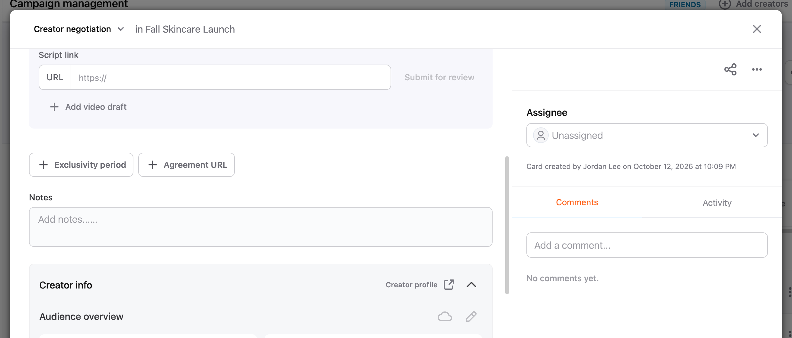Adding a script link on an in-progress creator's card