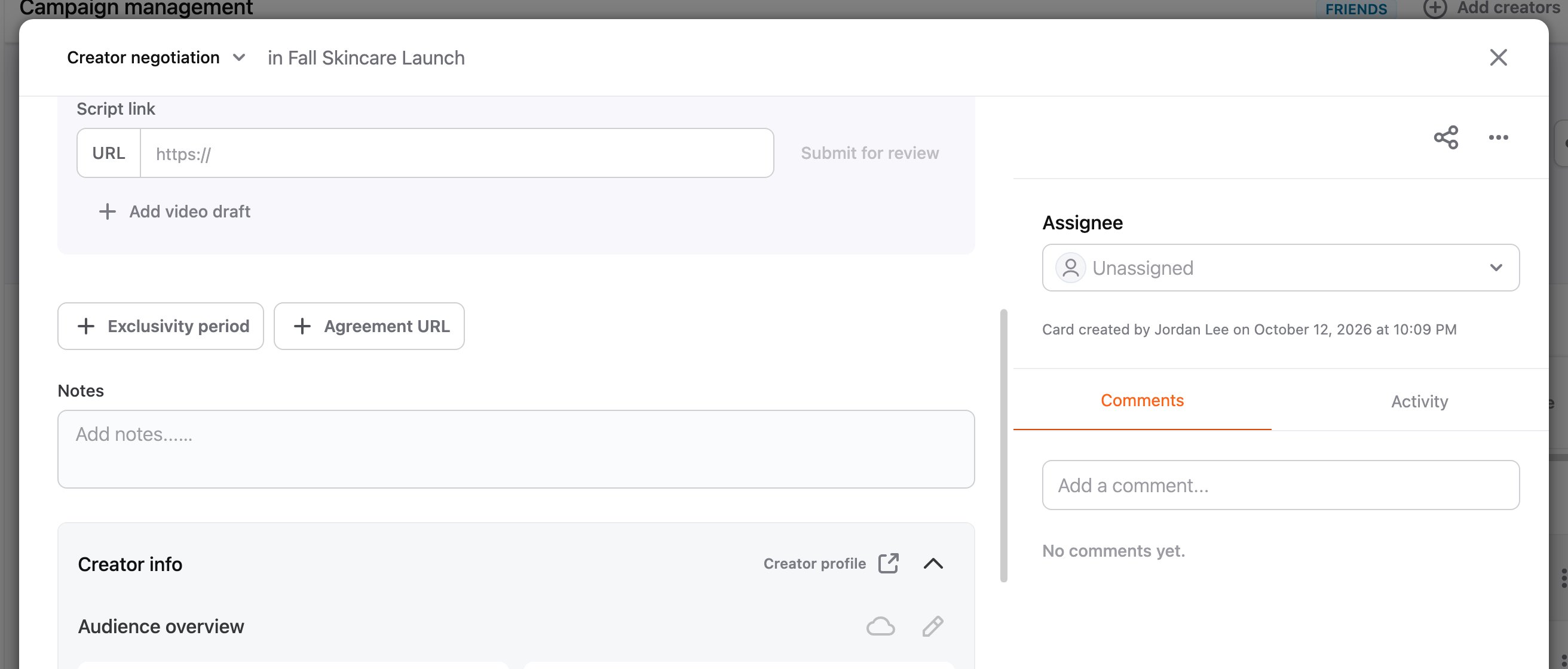 Adding a script link on an in-progress creator's card
