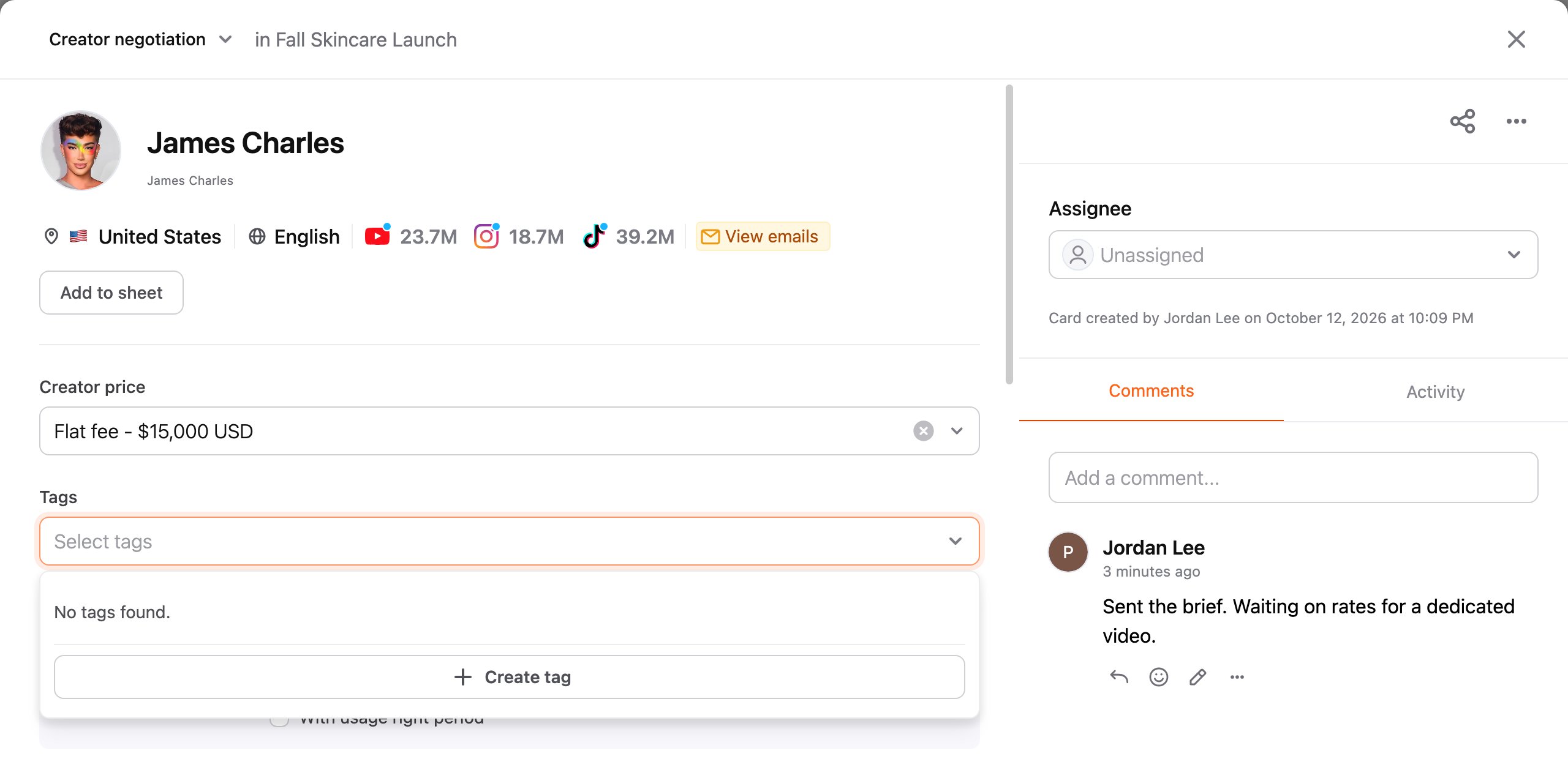 Tags menu on a creator card