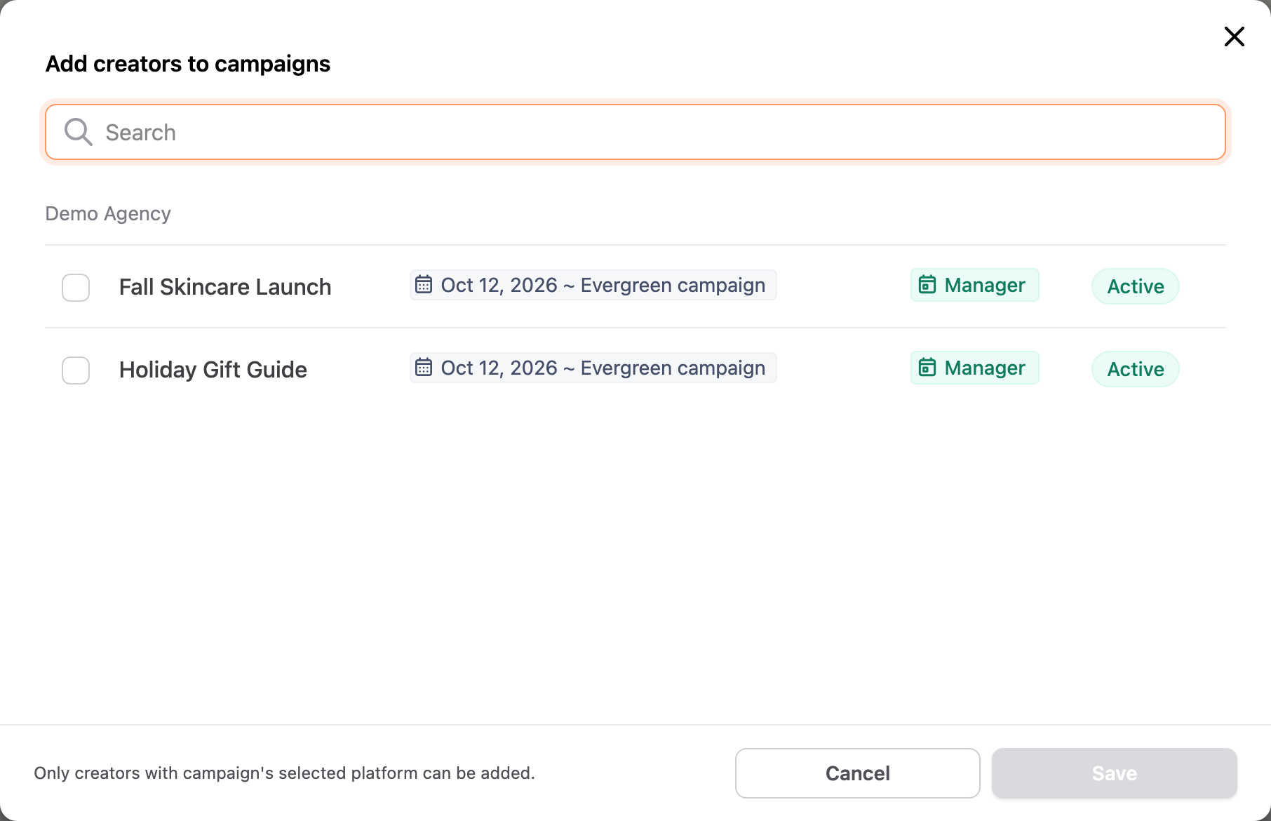 Add creators to campaigns window