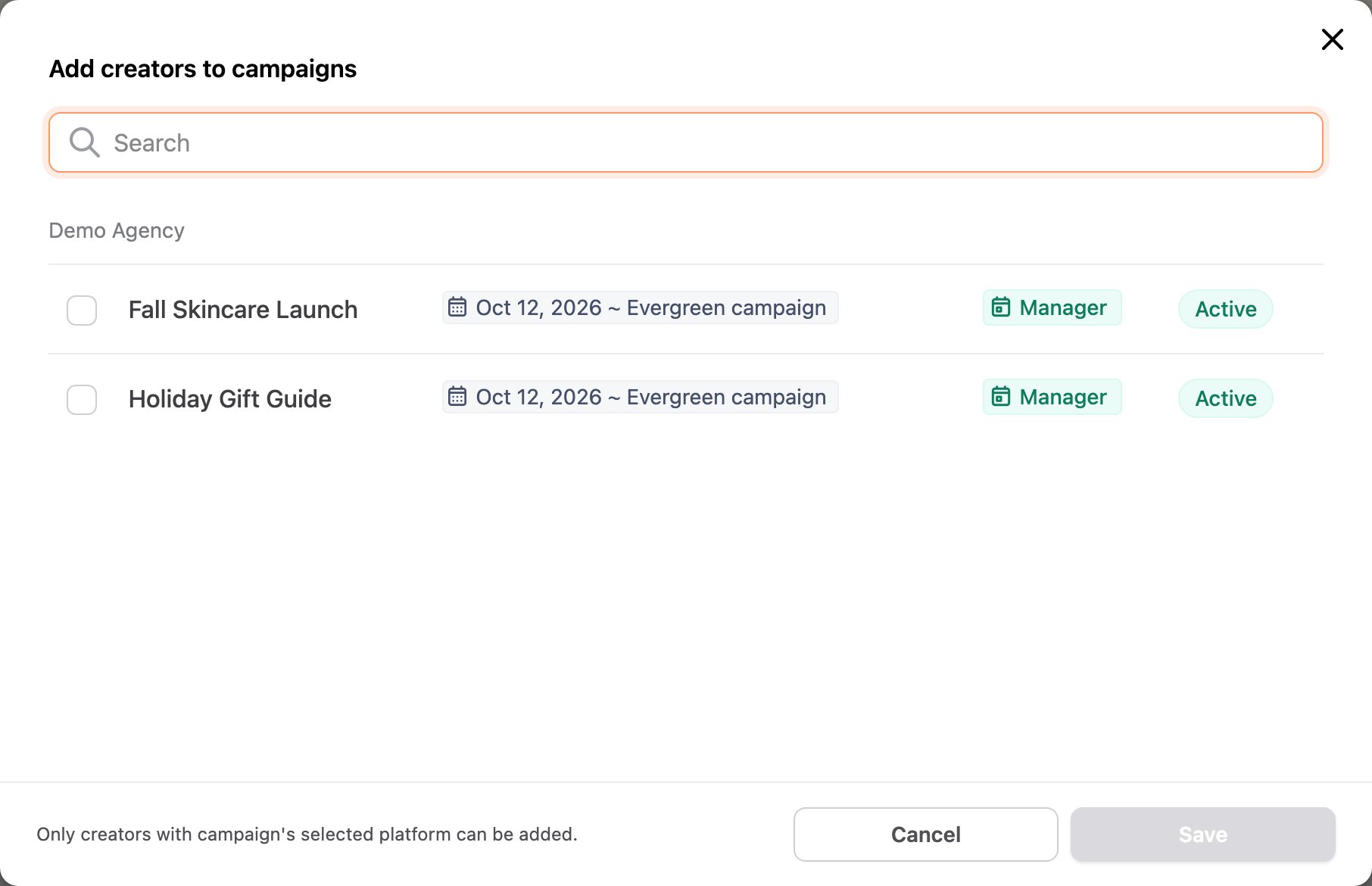 Add creators to campaigns window