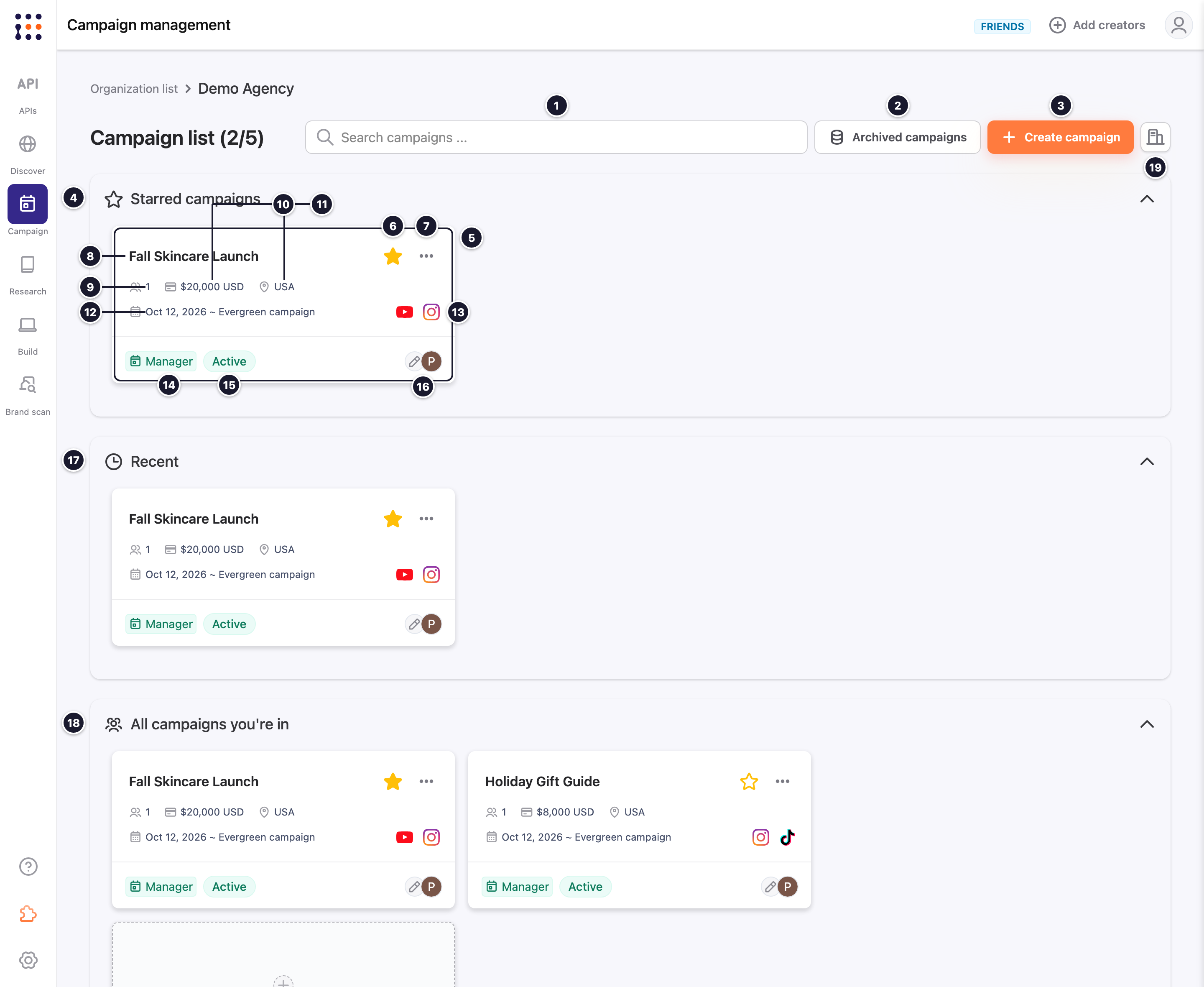 Campaign list interface