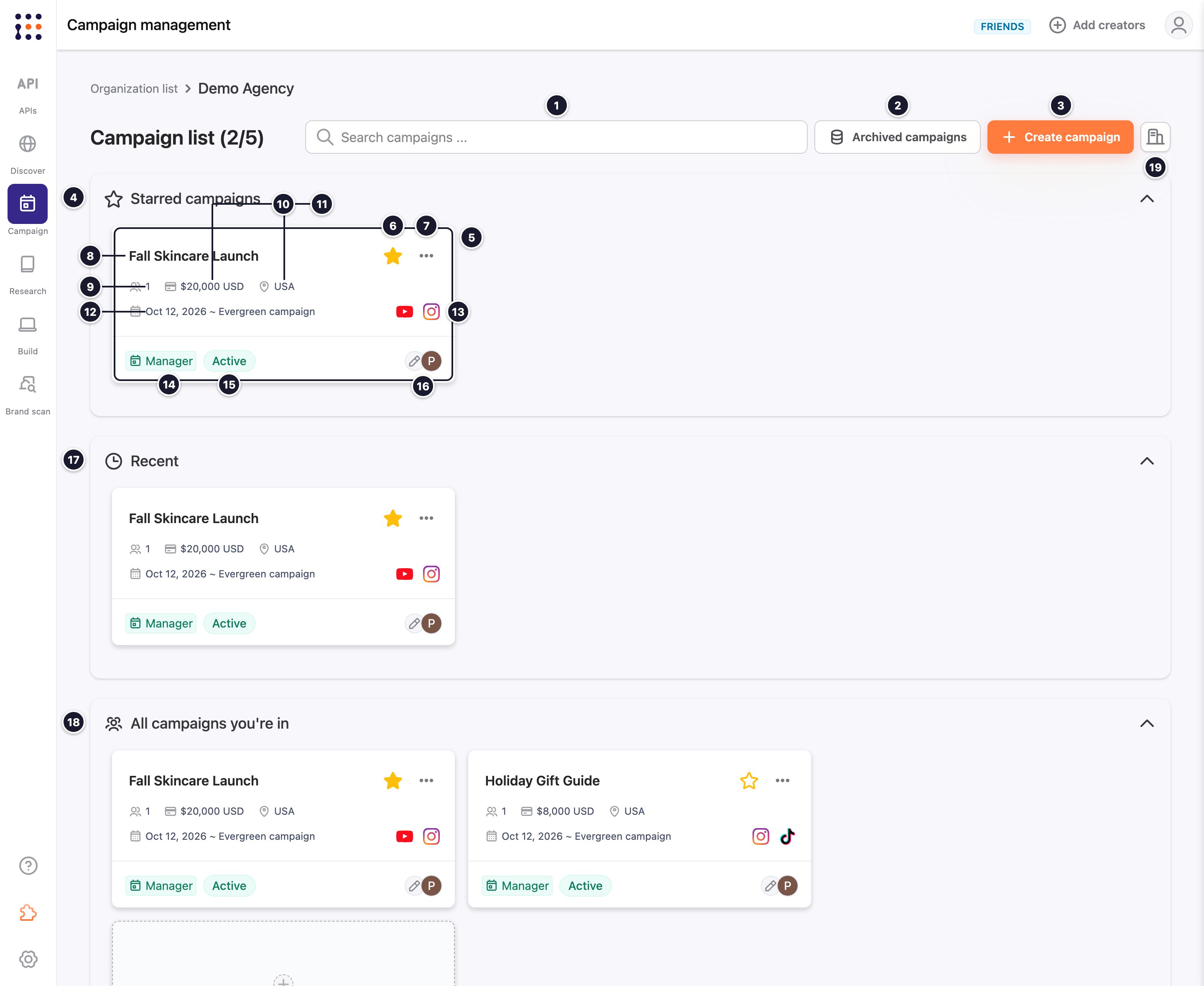 Campaign list interface