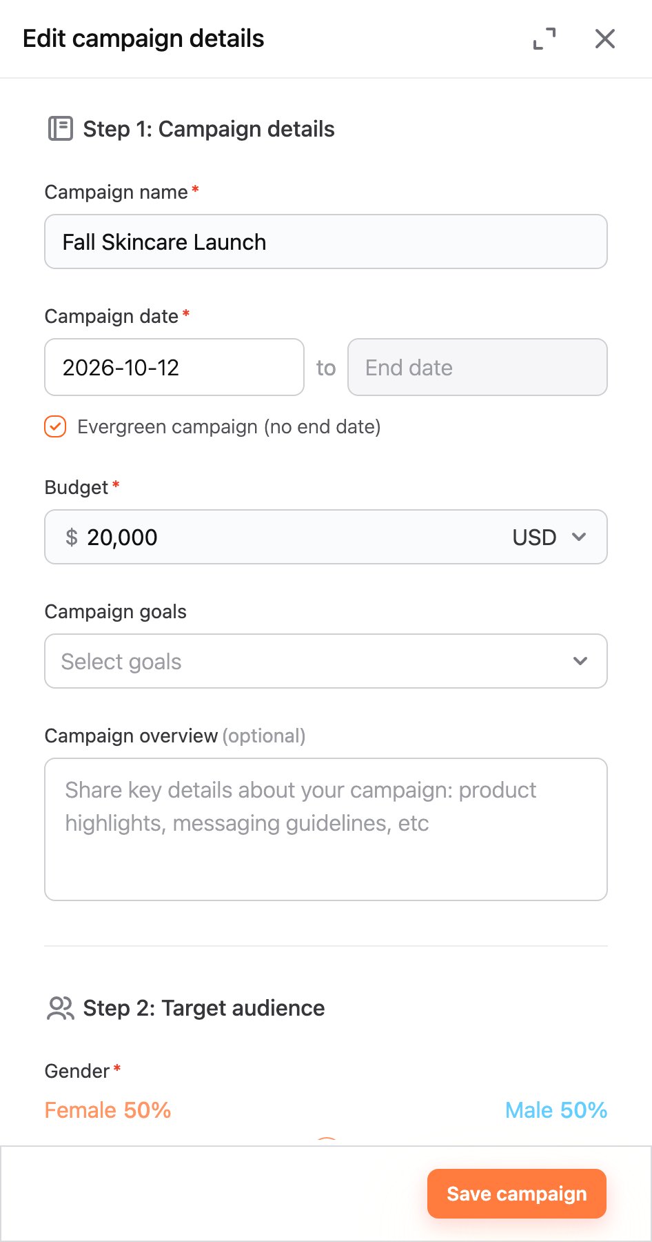 Edit campaign details panel