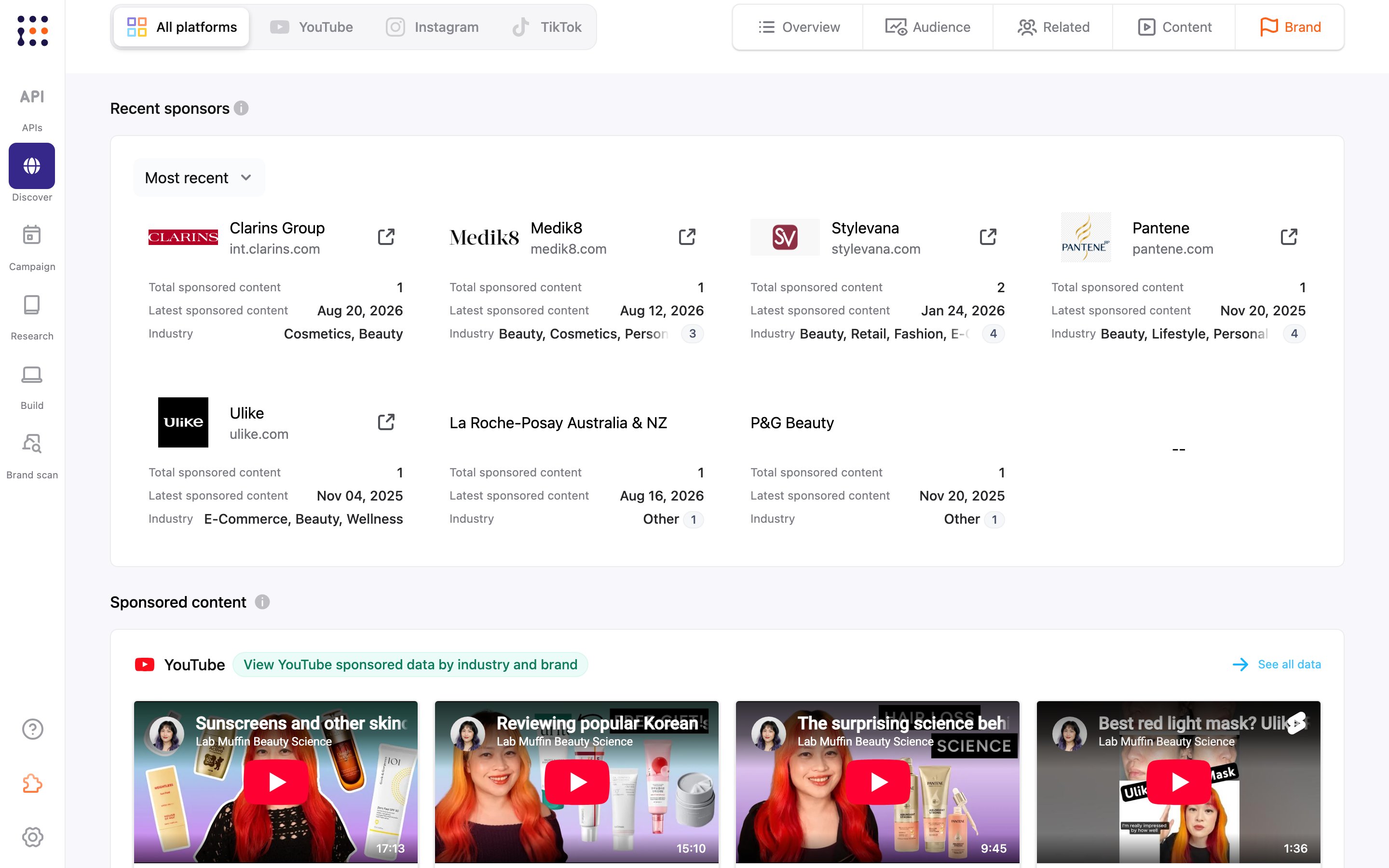 Brand section with recent sponsors