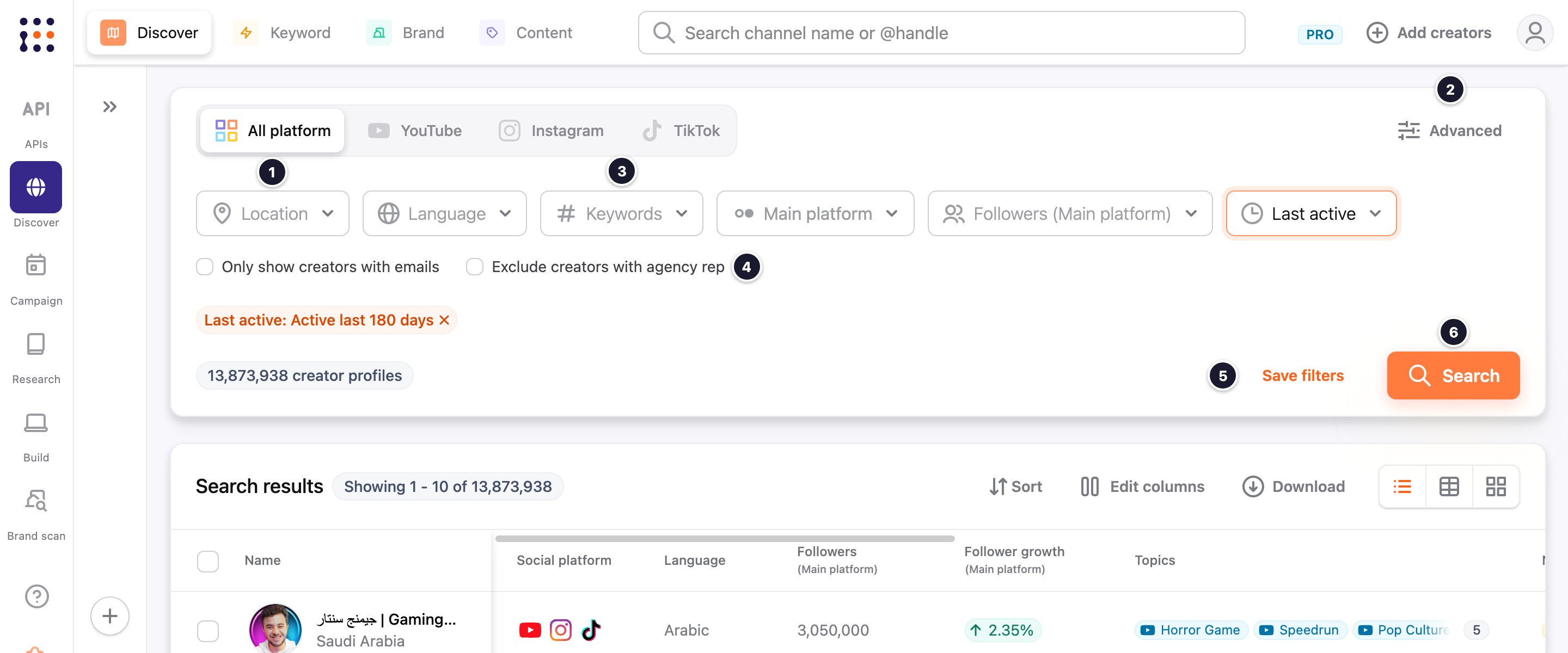 Discover search filters with numbered callouts