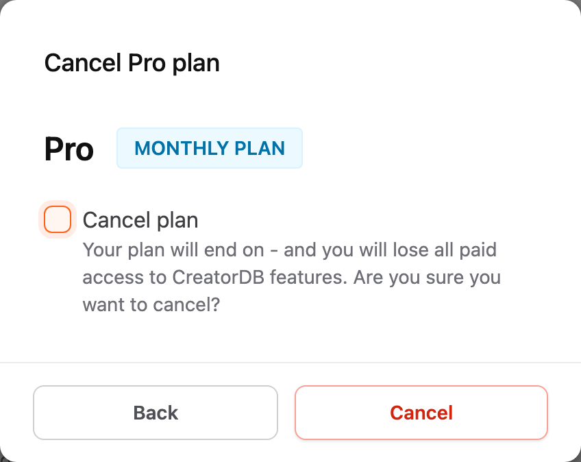 Cancel plan confirmation window