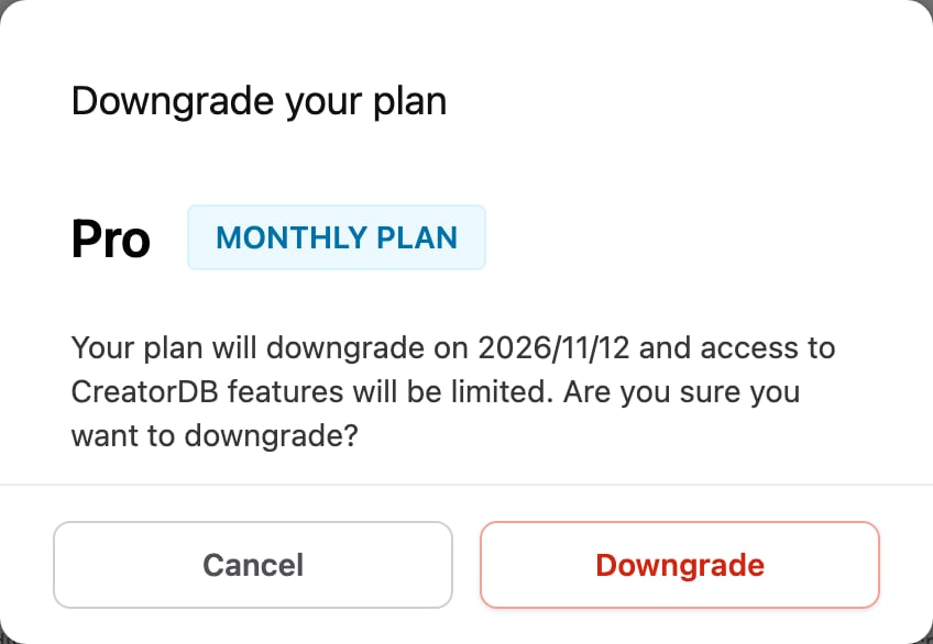 Downgrade confirmation window