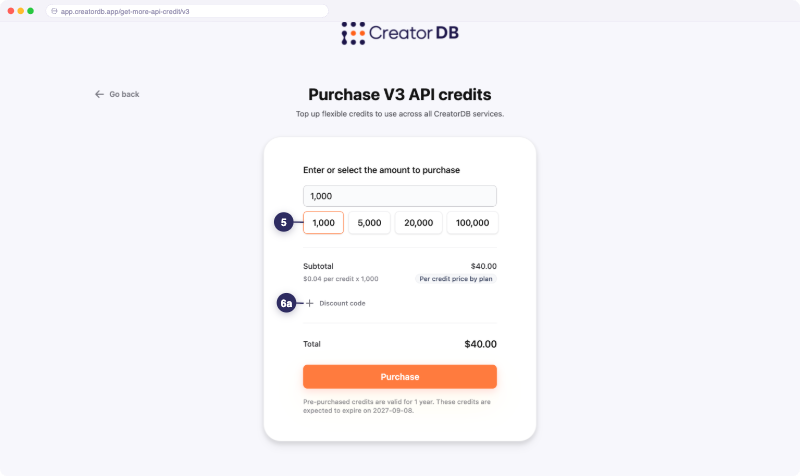 Select API credits to purchase and enter a discount code