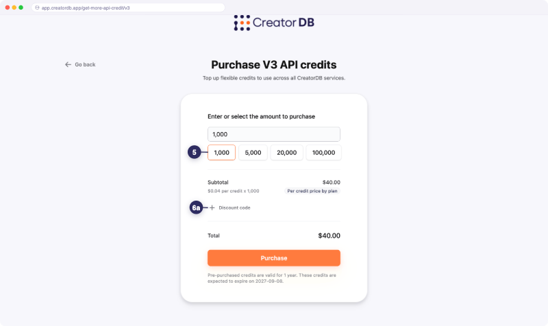 Select API credits to purchase and enter a discount code