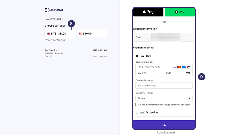 Select a currency and payment method