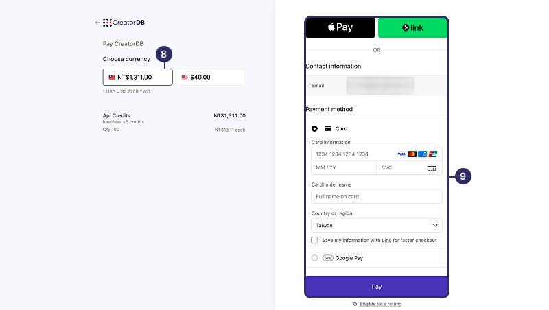 Select a currency and payment method