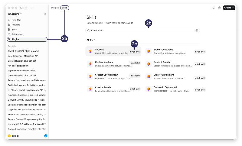 Skills page on ChatGPT showing CreatorDB skills available for installation.
