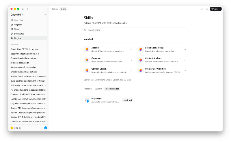 Installed CreatorDB skills in ChatGPT