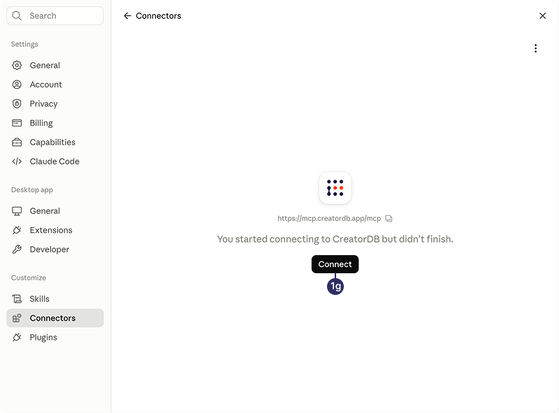 Connect the CreatorDB MCP server