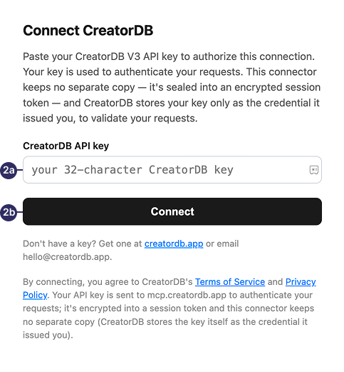 Connect the MCP server with your CreatorDB API key