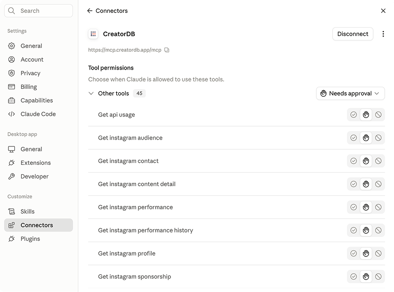Claude desktop app displaying the Connectors page