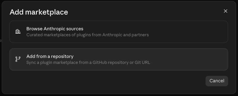 The Add marketplace dialog offering to sync from a GitHub repository or Git URL