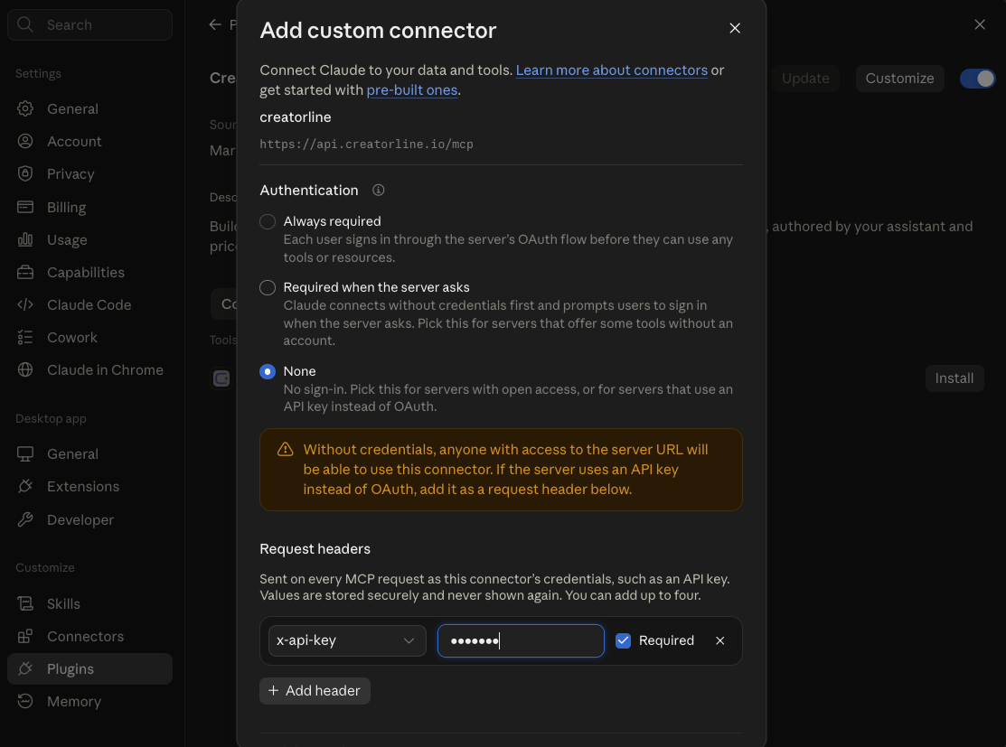 The Authentication section set to None and an x-api-key request header holding the key