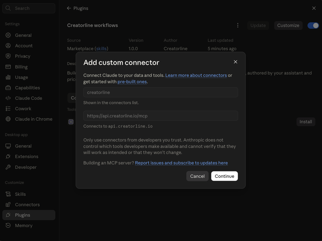 Claude's Add custom connector dialog with the Creatorline name and address prefilled