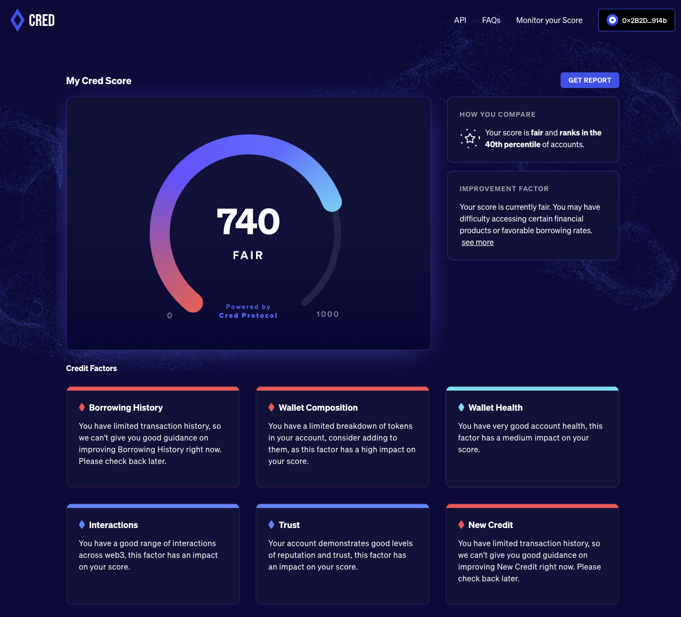 Cred Protocol credit score dashboard showing a 740 Fair score with credit factors including Borrowing History, Wallet Composition, Wallet Health, Interactions, Trust, and New Credit