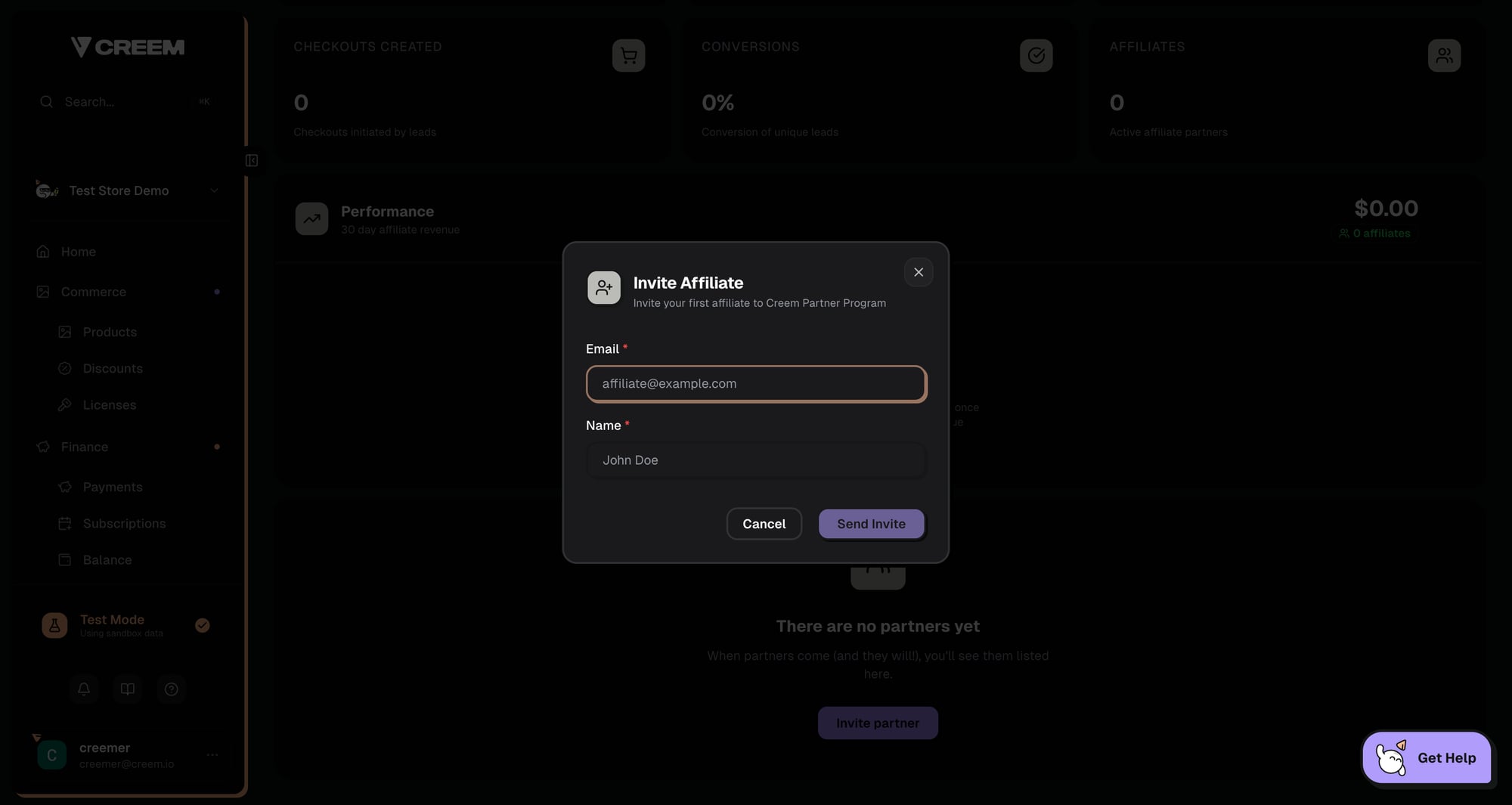 Invite affiliate modal with email and name input fields