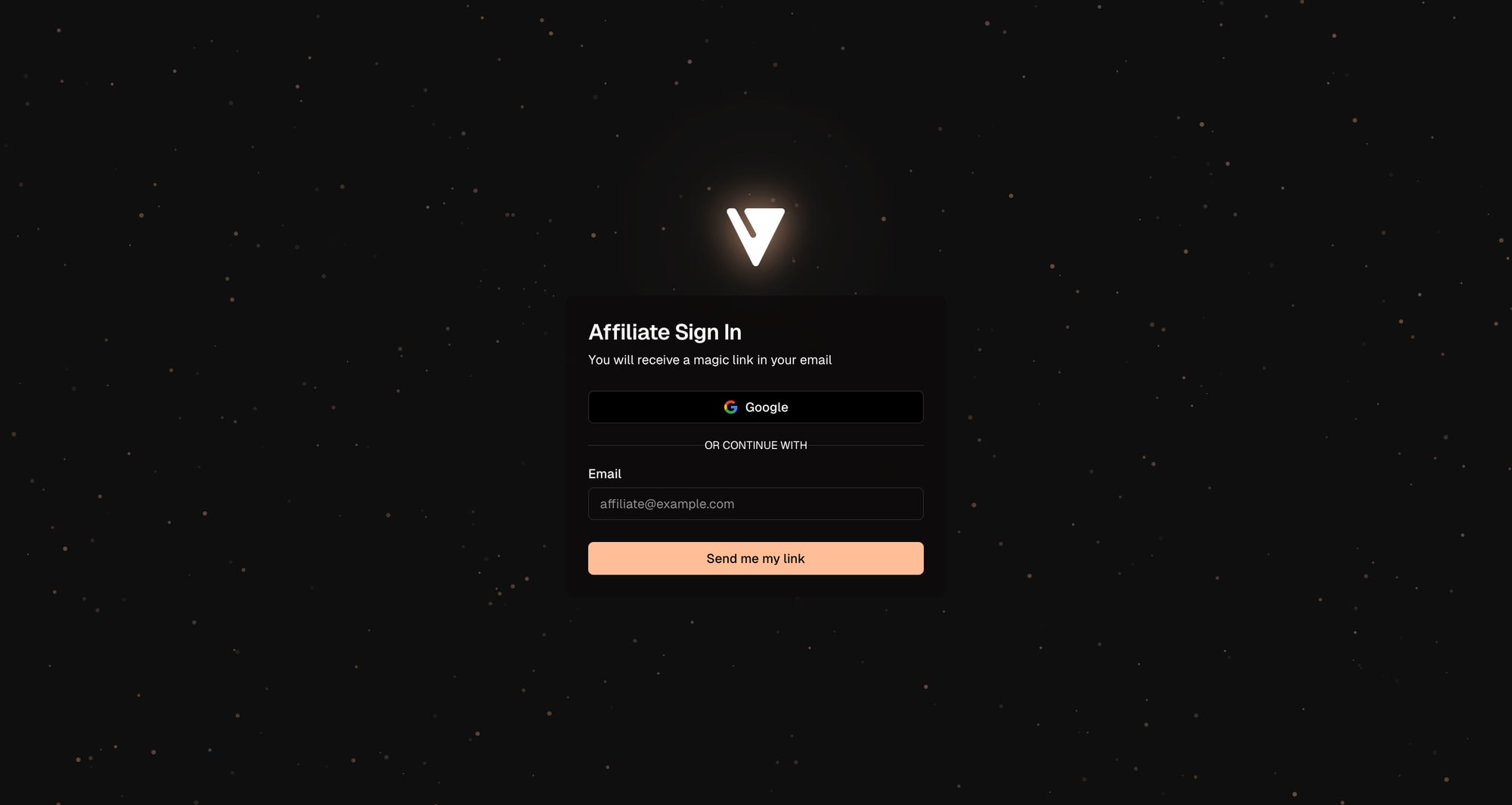 Affiliate portal sign-in page with Google and email options