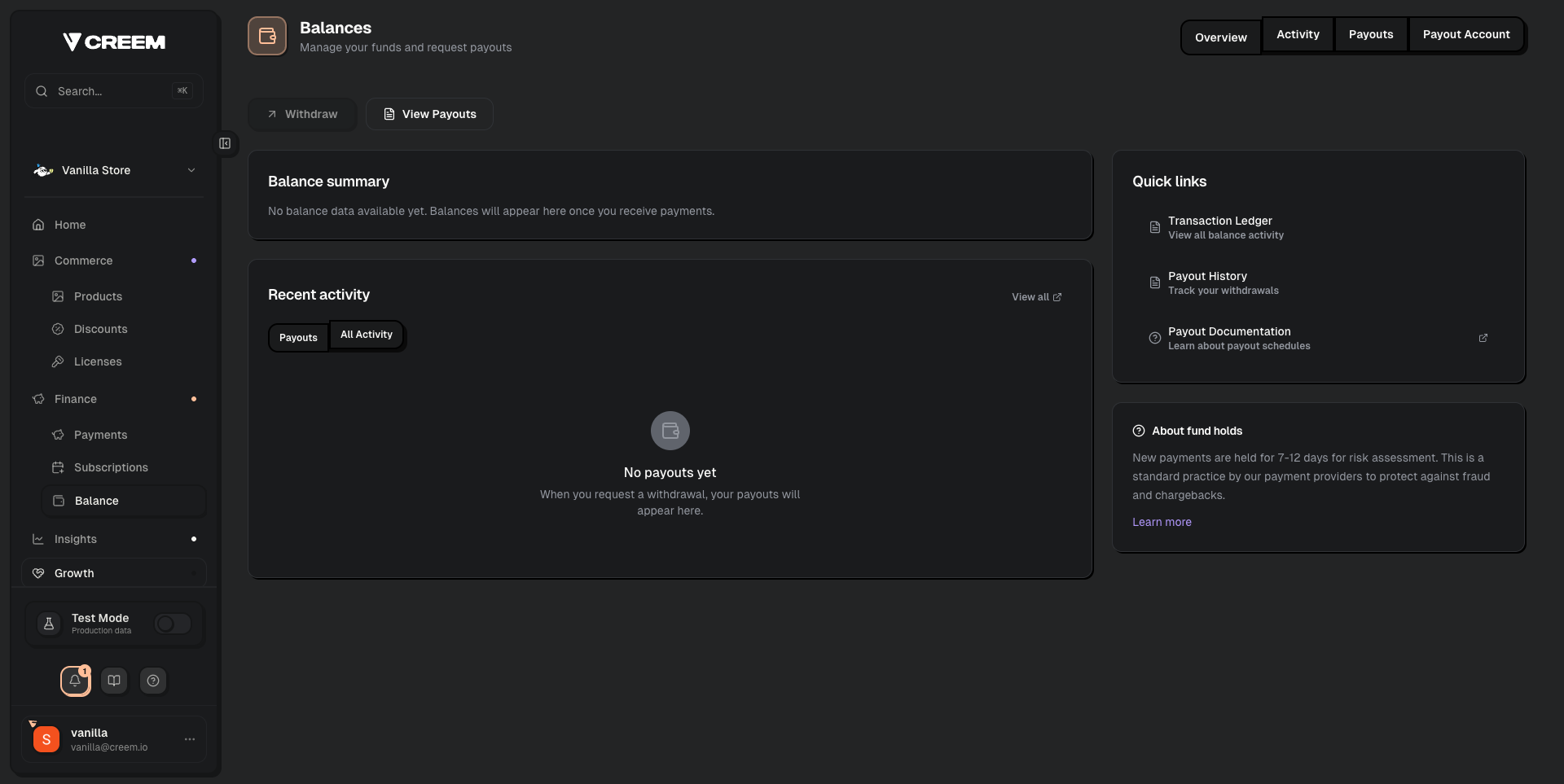 Creem Balance page showing balance summary and payout options