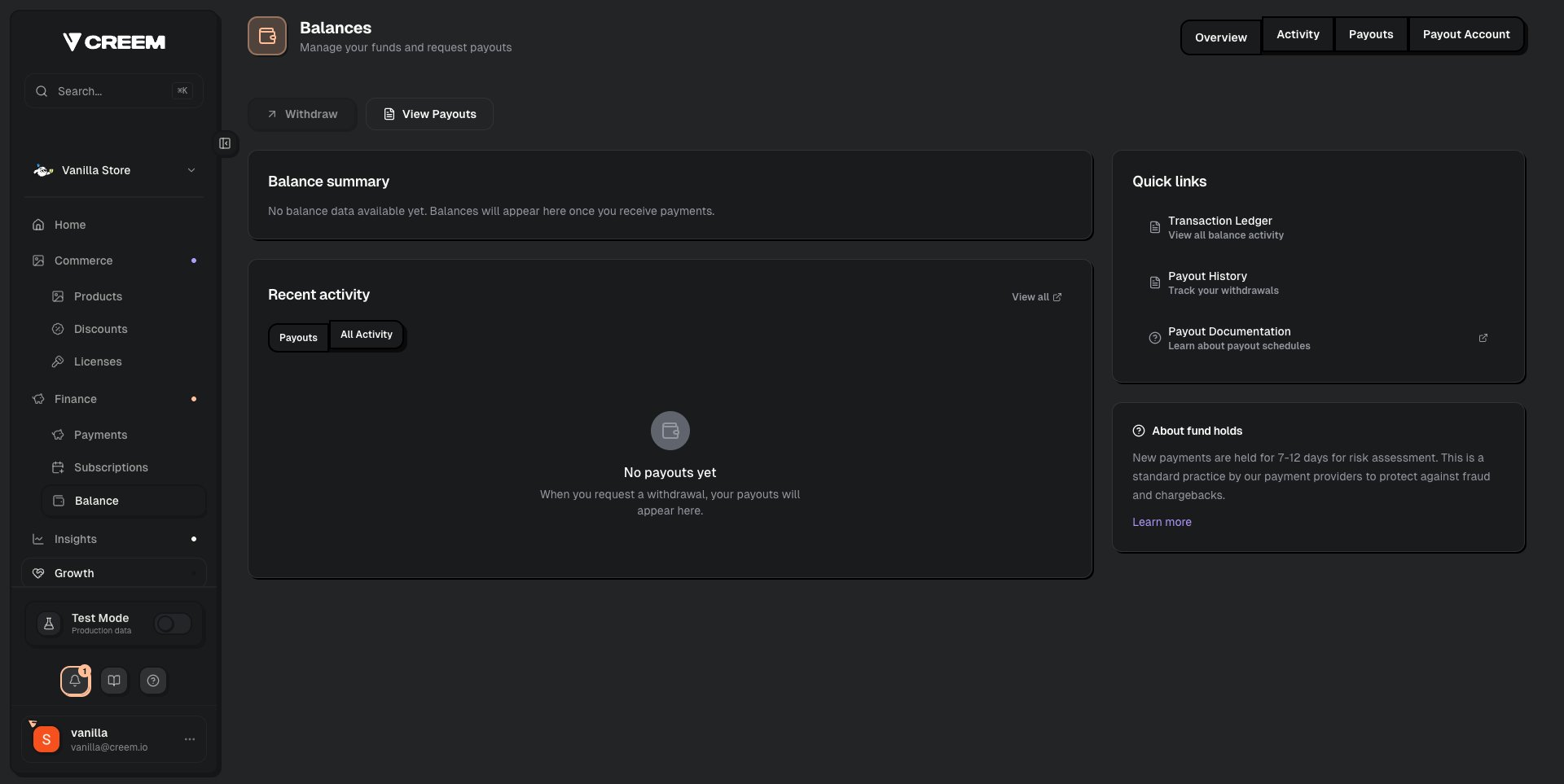 Creem Balance page showing balance summary and payout options