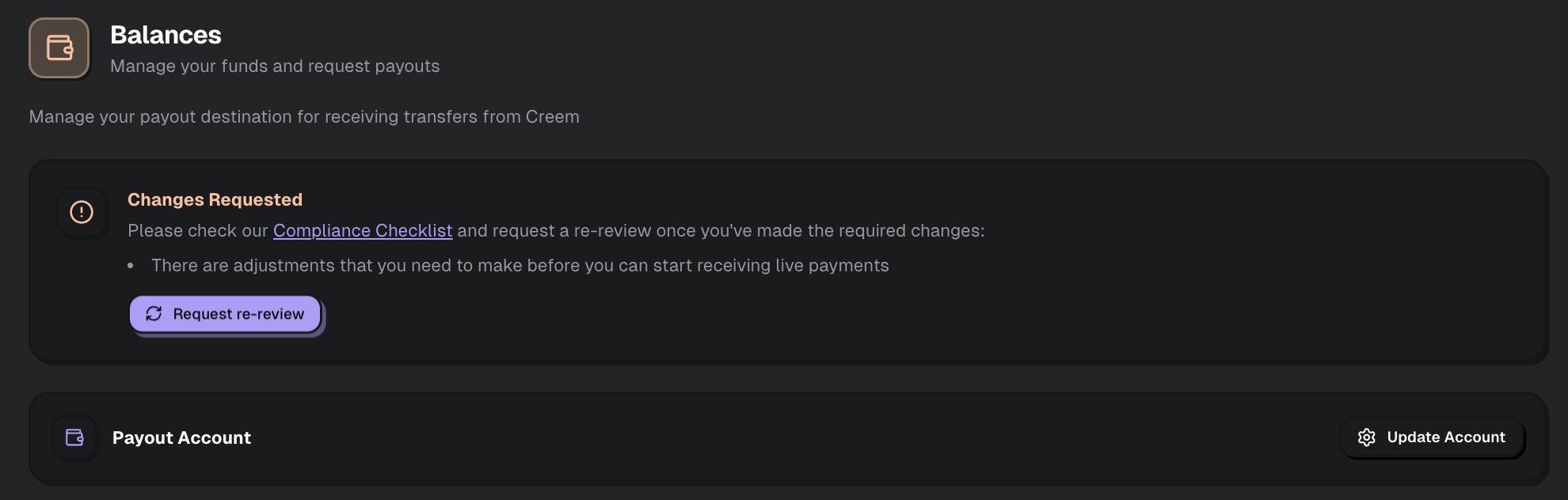 Balance page showing the Request re-review button