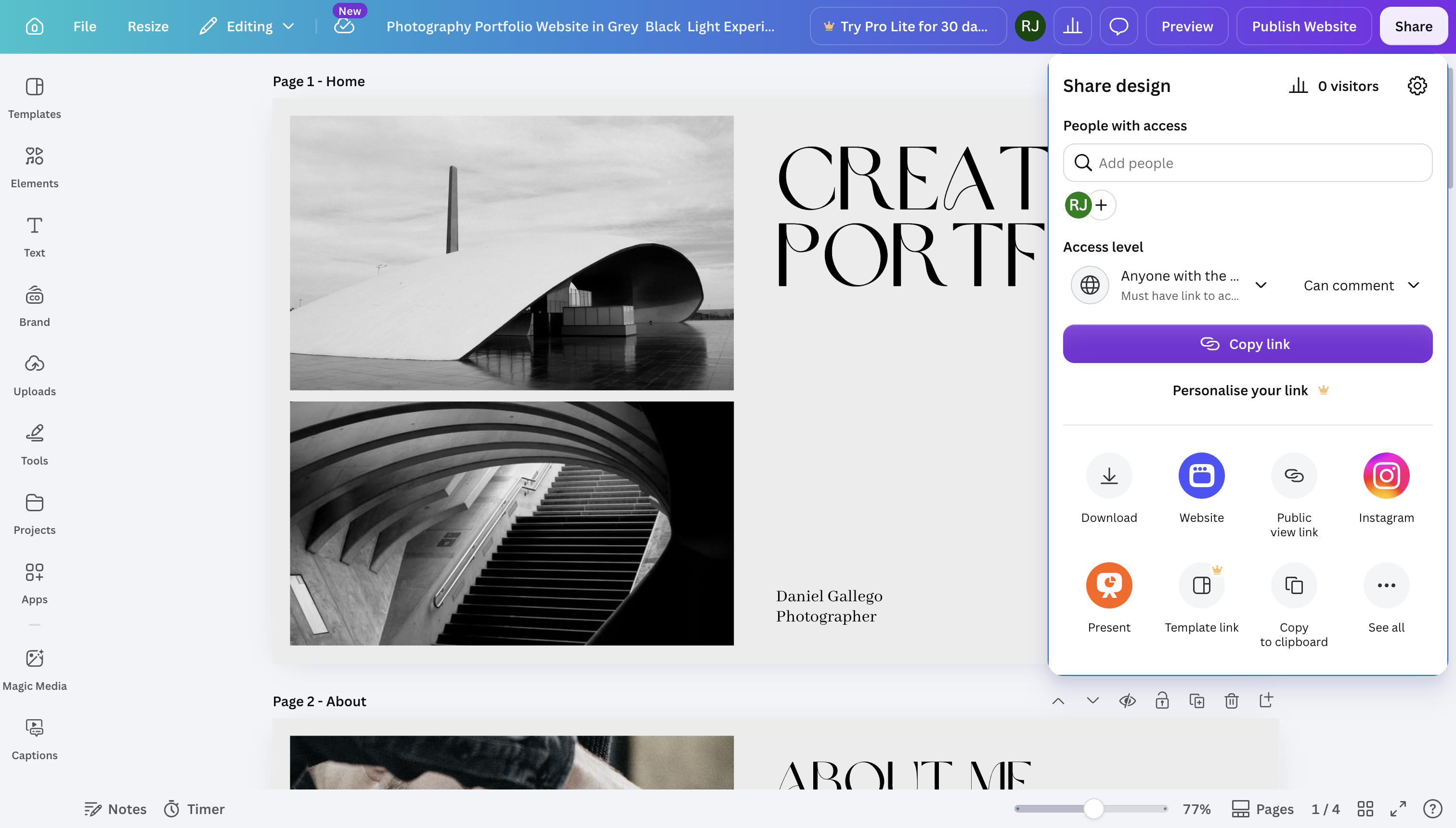 Canva's interface with the Share menu open and the template link sharing options highlighted