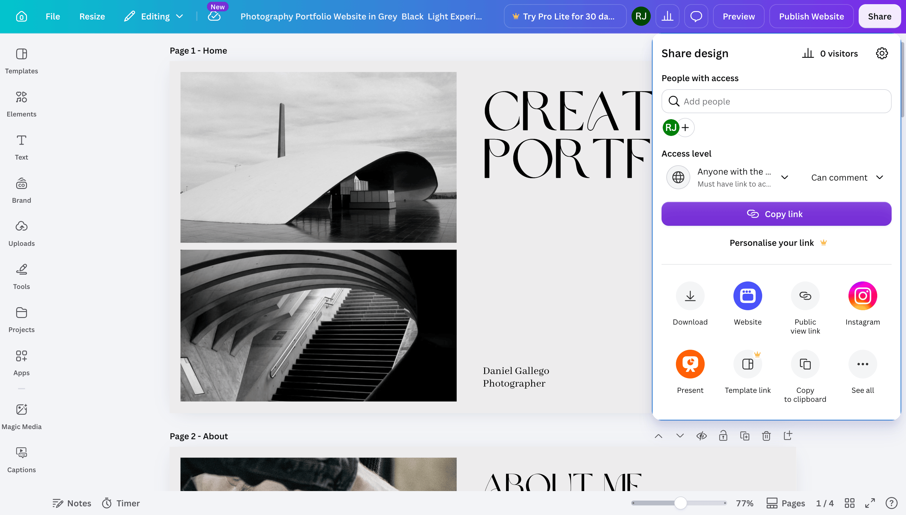 Canva's interface with the Share menu open and the template link sharing options highlighted