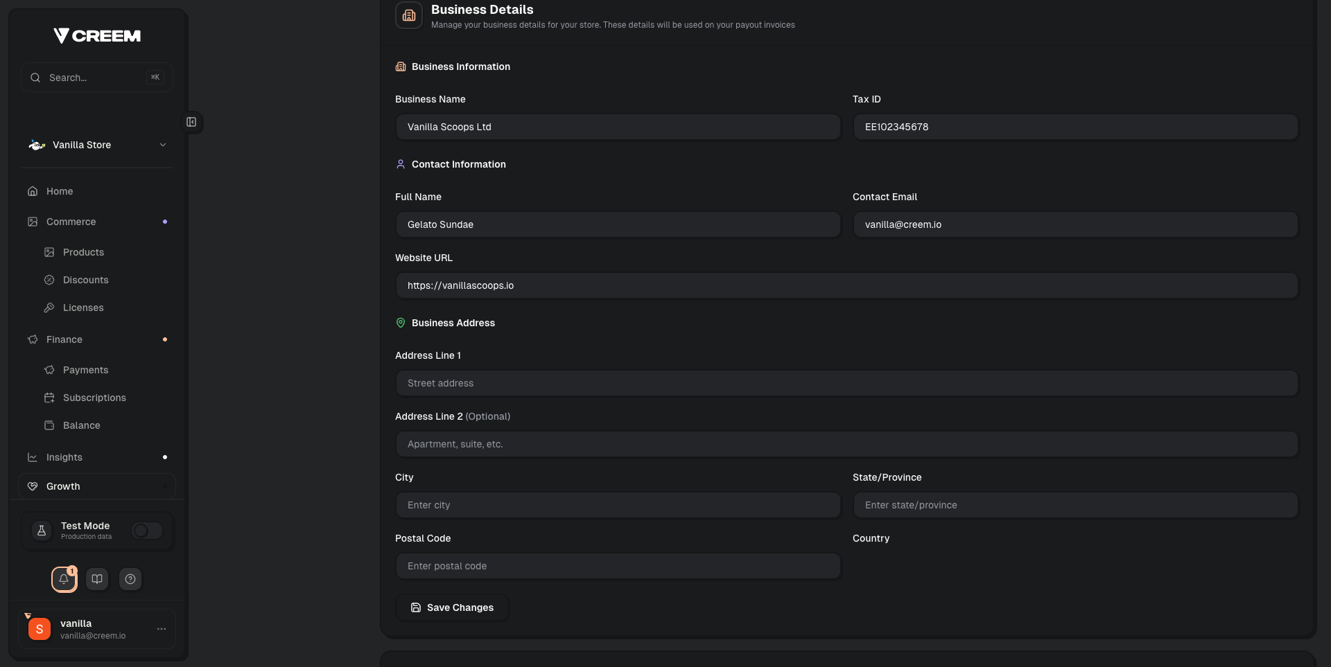 Creem Settings page showing Business Details section with Contact Email field