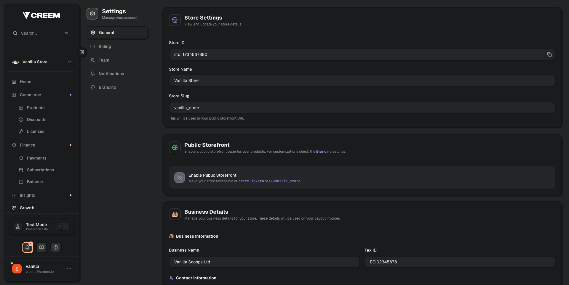 Creem Settings page showing Store ID at the top